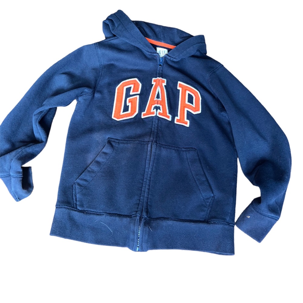 Zip up hooded sweatshirt, navy and orange, kids size 8, Gap